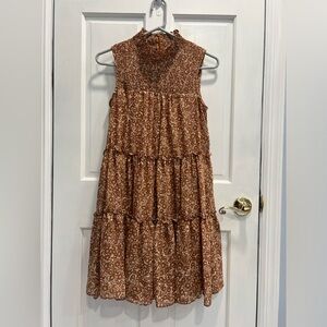 TAYLOR Tiered Floral Sleeveless Mock Neck Lined Mini Dress Brown SMALL Pre Loved